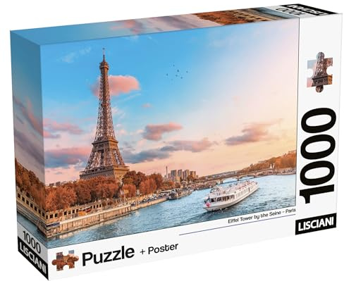 Lisciani - Puzzle Paris Tour Eiffel - 1000 Pièces Adultes - Dès 14 Ans | Impression Brillante Haute Qualité - Affiche 70 x 50 cm Incluse - Emboîtables 50 x 35 cm - Observation Précise et Patience