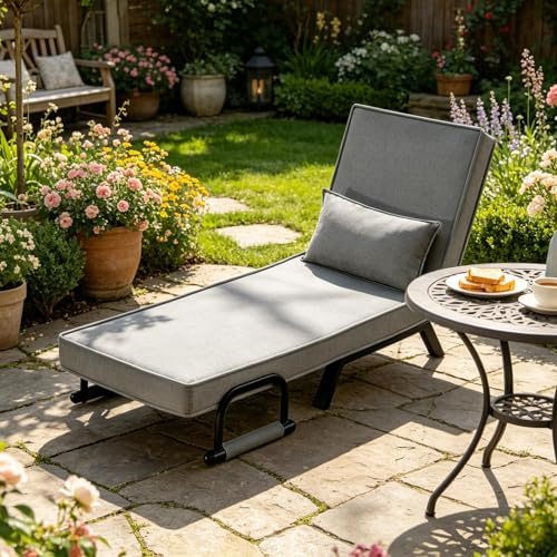 FammyLoft Ausdehnbarer Outdoor Patio Daybed, Outdoor Wasserdichtes Sofabett mit Verstellbarer Rückenlehnenwinkel(5-stufig), Gartenliege Wetterfest mit Kopfstütze, Sonnenliege, Gartenmöbel, Grau