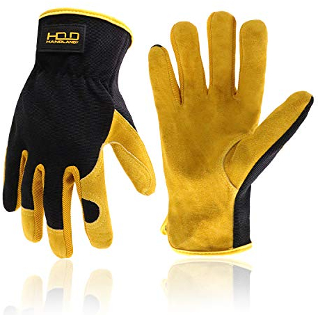 HANDLANDY Men Leather Gardening Gloves, Utility Work Gloves for Garden & Building Work, Dexterity & Breathable Construction Gloves (Large)