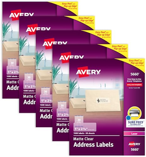 Avery Adress-Etiketten für Laserdrucker, transparent, 1 x 6,4 cm, 1.500 Stück, 5 Stück (5660)