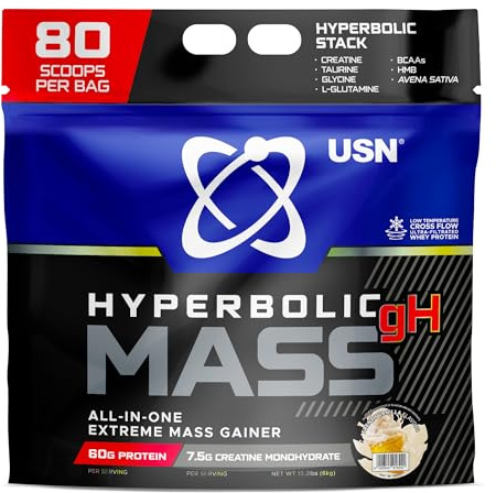 USN Hyperbolic Mass French Vanilla 6kg: High Calorie Mass Gainer Protein Powder for Muscle Building and Weight Gain - Improved Formula & Flavour with 7.5g Creatine Monohydrate and Less Sugar