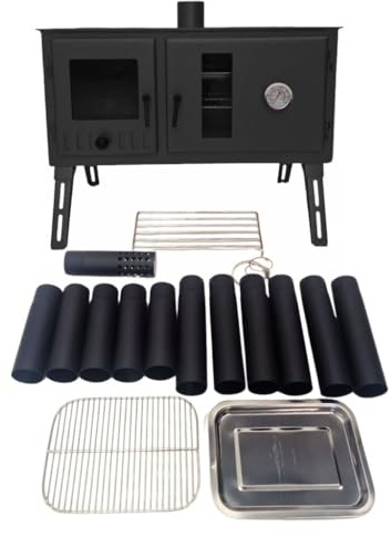 Outbacker Firebox Range Oven Portable Tent Stove & Complete 2.66m Flue Kit – 3.5kW Wood Burner with Glass Door, Lightweight 20.5kg | Includes Carry Bag