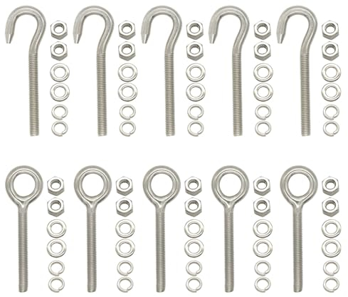 10PCS M6 Stainless Steel Ring Eye Bolts Hook, Welded Closed Screw Rod Eye Screw Bolts and Bolts Hook with 20 Nuts 40 Washers