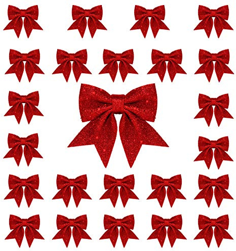 Whaline 24pcs 5.5'' Christmas Bow Decorations Small Christmas Tree Bows Red Wreaths Ornaments Sequin Ties Xmas Decorative Bows for Home Holiday Party Gift Wrapping