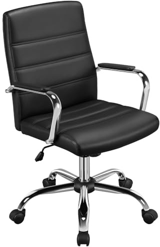 Yaheetech Silla Giratoria de Oficina Sillón de Trabajo con Respaldo Tapizado Asiento Sintético Altura Ajustable Negro