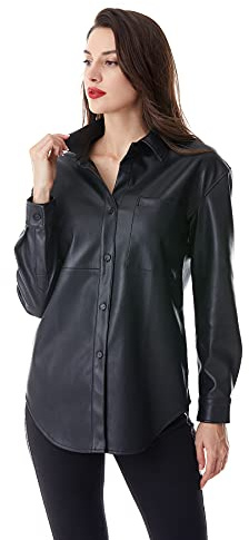S P Y M Women Faux Leather Jacket Soft Snap Button Down Shirt Shacket with Pocket, Regular and Plus Size