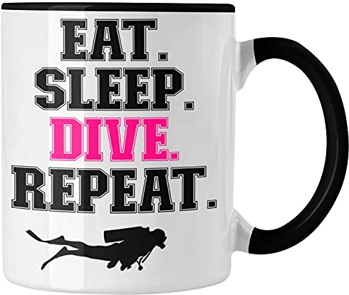 Trendation - Taucher Tasse Geschenk Kaffeetasse Tauchen Geschenkidee Männer Eat Sleep Tauchen Grafik Tauchlehrer Tauchsportler Becher (Schwarz)
