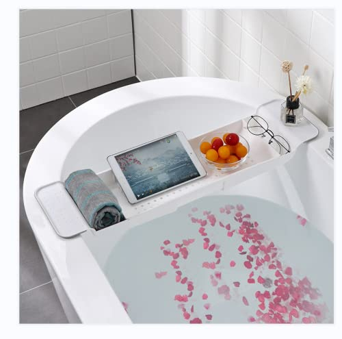 ETRAVEL Étagère de baignoire réglable en plastique, extensible de 55 à 80 cm, plateau de rangement utile, étagère de vin, porte-savon (blanc)