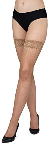LORES Calze a rete da donna con motivo a maglia di pizzo, calze alte sopra il ginocchio burlesque, Visone, Medium-Large