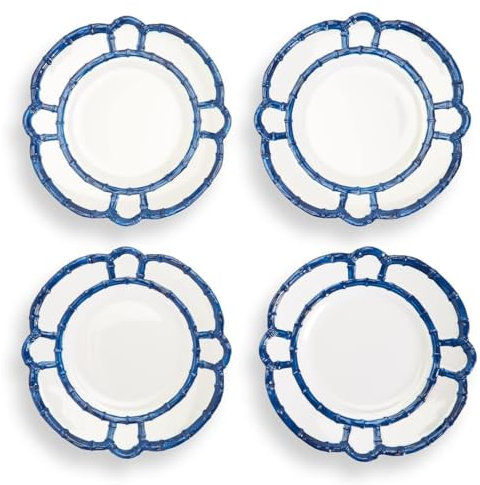 Two's Company Küchenutensilien-Set mit Bambusrand, langlebige Melamin-Teller mit elegantem blauem Rand, spülmaschinenfest, perfekt für Partys und Grillabende, 4 Stück