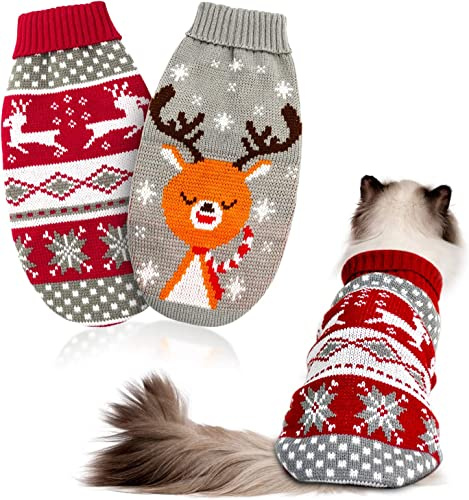 HYLYUN 2 Stück Weihnachts Katze Hunde Pullover, Klein Hundepullover Schneeflocken Rentier-Motiv Strickwaren, Wintermantel Warmhalten Katze Weihnachten Kostüm für Klein Hunde