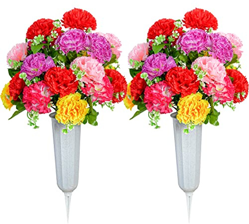 XONOR Cemetery Flowers, Set of 2 Artificial Carnation Bouquet Grave Memorial Flowers with Vase for Cemetery Headstones Decoration (Carnation)