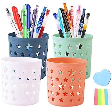 MAINOSHY 4PCS Pencil Holder Cup Hollow Star Pencil Pots Multifunction Makeup Brush Holder Desk Organiser Stationery Storage with Sticky Notes for Office, Home, Classroom