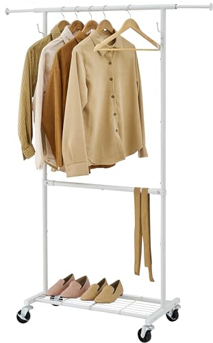 Gewudraw Kleiderständer, Klein Kleiderstange auf Rollen 90KG Tragkraft Weiß | Ausziehbare Kleiderstange mit Ablagen, Haken, Garderobenständer für Schlafzimmer, Wohnzimmer, 120 x 39 x 163 CM