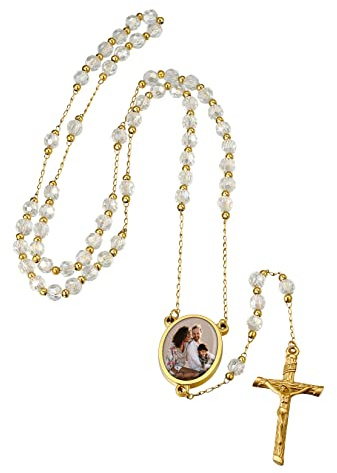 U7 Collar Rosario Católico Femenino Personalizable con Foto y Nombre, Cadena Larga de Rosario de Comunión con Colgante de Crucifijo de Acero Inoxidable/Bañado en Oro