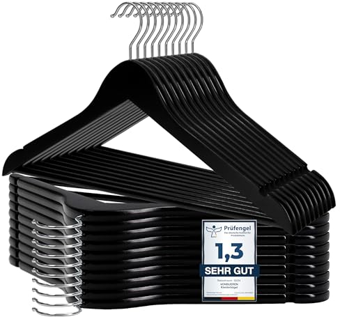 20 x Kleiderbügel Holz schwarz VonBueren | 44,5 x 22 cm je Bügel/Holzbügel | Holzkleiderbügel schwarz | 360 Grad drehbar
