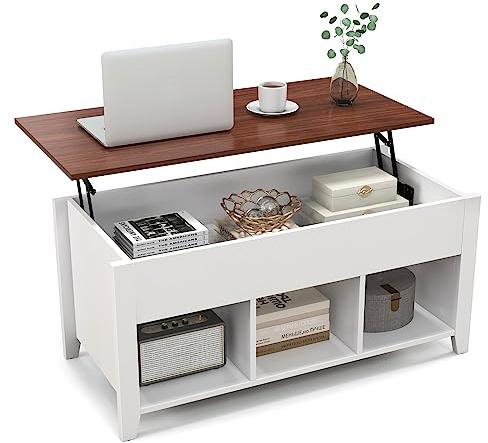 COSTWAY Lift Up Top Coffee Table, Wooden Lifting Cocktail Center Table with Hidden Compartment & 3 Open Storage Cubes, Rectangular Accent Sofa Side Tea Table for Living Room (White+Walnut)