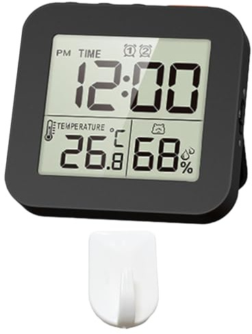 Sharplace Digitale Badezimmeruhr, digitaler Wecker, tragbare LCD-Display-Temperaturanzeige, Thermometer-Hygrometer-Uhr, für Zuhause, 1 Haken Schwarz