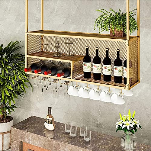 Portabicchieri da vino sospesi Portabottiglie da vino Mensola da soffitto Bar Portabottiglie da appendere, Mensola sospesa da ristorante in rete di ferro, Scaffale da muro con decorazione a
