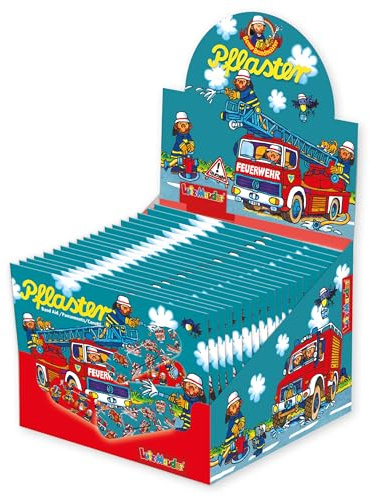 Lutz Mauder Kinder Pflaster Display Set mit 20 Pflasterbriefchen Feuerwehr mit je 10 Pflastern in 2 Größen (200 Einzelpflaster), Kita, Kindergarten, Arzt, Hort, Erzieher, Geburtststag, Gastgeschenk