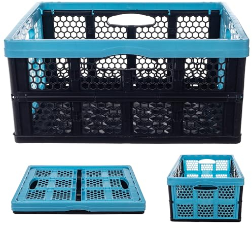 KADAX Cassetta Pieghevole in Plastica Con Manici, 47 x 34 x 21,5 cm, Cestino per Studio (Nero/Blu)