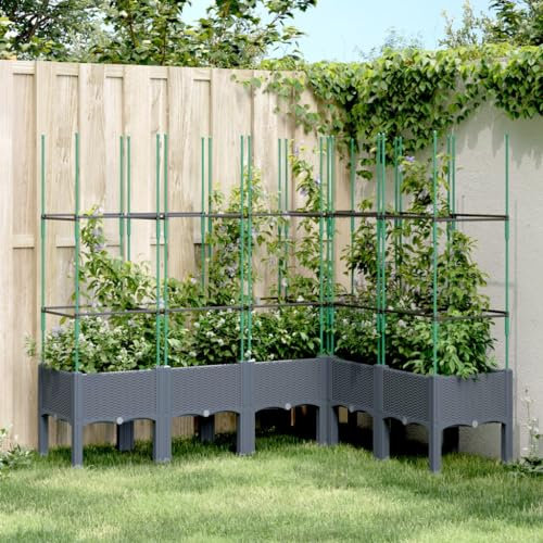 JUDYY Pflanzkübel mit Rankgitter Grau 160x120x142,5 cm PP, Blumentopf Gross, Blumenkasten Balkon, übertopf, Pflanzkasten, Flowerpot, Kräuterbeet Für Die Küche, Vertikalbeet - 367966