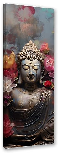 KunstLoft 'Buddha and Lotus Flower 4' Kunstdruck auf Leinwand 50x150 cm Hochformat Mediterran Moderne Wandkunst für Wohnzimmer, Büro, Schlafzimmer