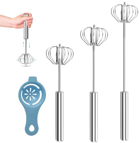 4 Stück Halbautomatischer Schneebesen aus Edelstahl Set【Neuer Stil】3 STK Whisk (26 cm 31 cm 36 cm) und 1 STK Eiweißabscheider Küche Quirl für Mischen Schlagen Aufschäumen und Rühren