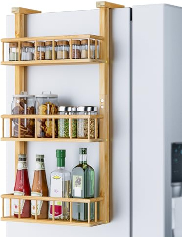 Hanging Spice Rack for Refrigerator - 3 Tier Bamboo Kitchen Counter Shelf Organizer for Can Seasoning Storage, Adhesive to Fridge & Pantry Side