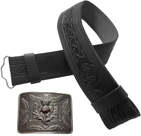 STITCHIFY Cintura tradizionale scozzese in pelle kilt e fibbia a cardo antico, Celtic Embossed / Cardo Fibbia Nero Set, XL