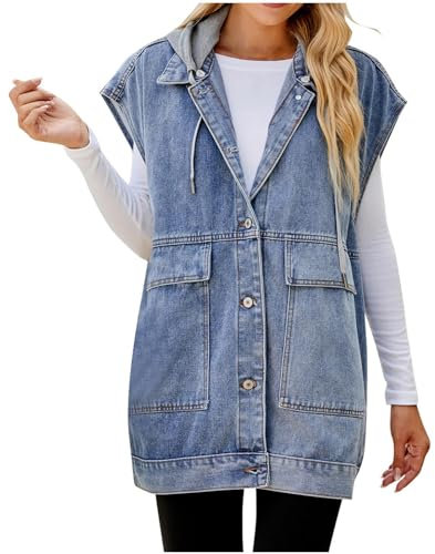Gilet Donna Invernale Con Cappuccio Gilet di Jeans Lungo Elegante Offerta Giacca Con Risvolto Donna Senza Maniche Giubbotto Smanicato Casual Cappotto di Jeans Giacche Giacce Per l'Uso Quotidiano