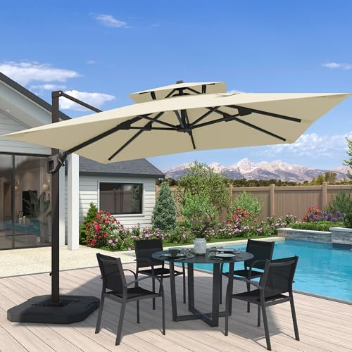 CoolCover by Han 10x10 FT Cantilever Patio Umbrella Double Top Outdoor Square Large Heavy Duty Aluminum Offset Umbrellas with 7 Level Tilt 360-degree Rotation for Pool Garden Deck, Beige