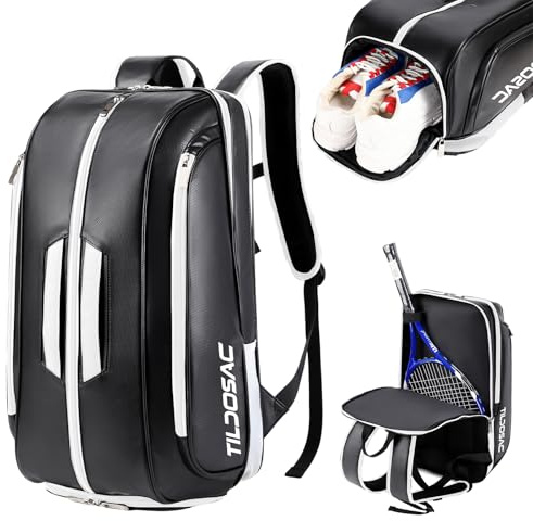 CCGTIOR Multi-Use Beach Tennis Bag For Sport Convertible Padel Backpack - Laptop Sleeve, Ball Sleeve, Fence Hook, Easy Access,Shoe Compartment (Black-White)