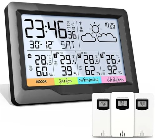 DSeenLeap Estación meteorológica Digital, estación meteorológica inalámbrica Digital para Interiores y Exteriores, con 3 sensores, higrómetro, Humedad y Temperatura, visualización de Datos múltiples