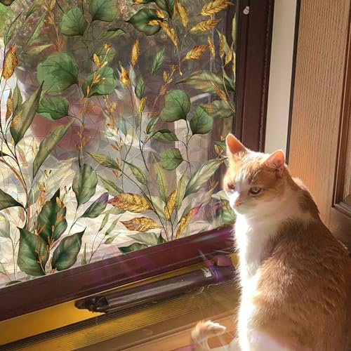 funlife Rainbow Stained Glass Privacy Decorative Window Film, Suncatcher Green and Golden Leaves 43X100CM