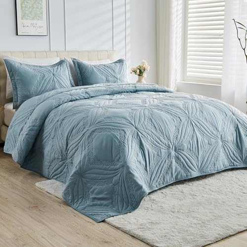 Kingnex Oversized King Bedspreads 128x120 for Tall King or Cal King Bed Ultrasonic Quilted Coverlet Set 3 Piece Include 1 Extra Wide Quilt 2 Pillowcases Blue