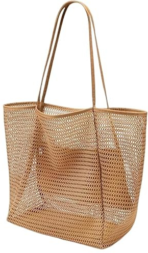 MSLSOZ Bolsa de la compra reutilizable, bolso de playa de malla, 22L, caqui, para mujer