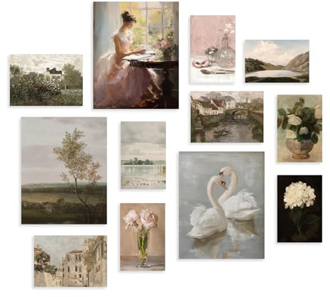 Dazzlewall Ensemble de 12 Illustrations de Style Campagnard Français Vintage, Imprimés de Cygnes et Fleurs, Décoration de Style Cottagecore pour Chambre ou Salon 20x25 cm Sans Cadre