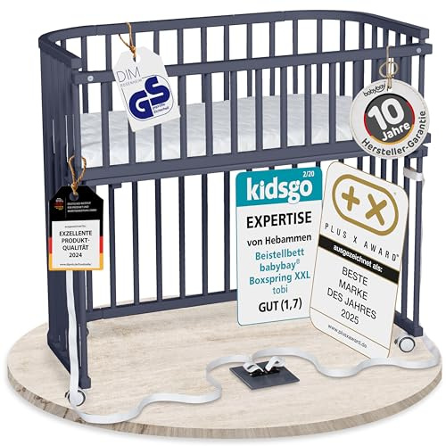 babybay Boxspring XXL Beistellbett, schiefergrau lackiert, mit Matratze, Gitter und Rollen