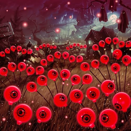 NHYDZSZ 2 Stück Halloween Deko Outdoor, 16 Halloween Augapfel Gartenlichter, Solar Gartenlichter, IP65 Wasserdicht Deko Lichterkette für Außen Garten,Terrasse,Hof Garten,Spukhäuser und Party(Rot)