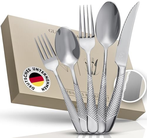 Glavory Aurora - Besteck Set Silber gestanzt - Besteck für 6 Personen 30teilig - rostfreier 18/8 Edelstahl - Besteck spülmaschinenfest mit edler Verpackung - 2 in 1 Steakmesser