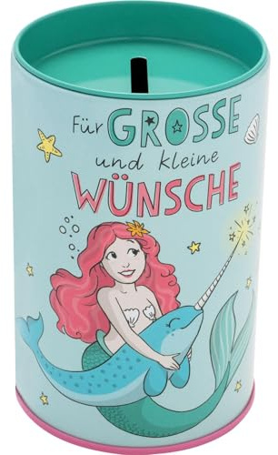 GRUSS & CO Spardose Motiv Meerjungfrau | Metall-Dose mit Geldschlitz Oben, Höhe 9 cm, Durchmesser 6 cm | Geschenk zum Schulstart, Schultüte | 74247
