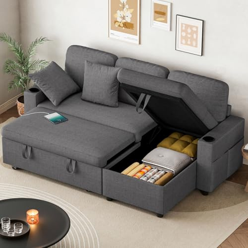 Corner Sofa Bed, L-Shaped Convertible Sleeper Sectional Sofa Bed with USB & Type-C Ports, Storage, Cup Holders and 2 Cushions, 3 Seater Linen Pull Out Couch Bed for Living Room, Bedroom, Grey