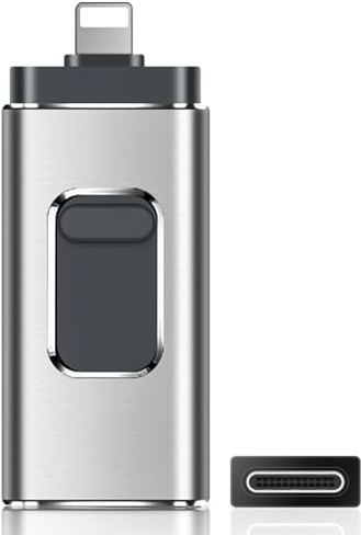 Memoria USB de 64 GB para iPhone, No se Requiere aplicación, con certificación MFi 4 en 1 para Android/PC, con Copia de Seguridad Plug-and-Play para Fotos, Transferencia rápida (Sliver)