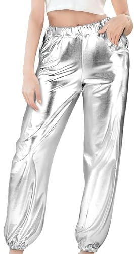 BSBUY Women Metallic Shiny Pants Casual Hot Stamping Trousers Girls Hip Hop Trousers High Waisted Metallic Trousers Jazz Dance Yoga Streetwear Outfit Festival Disco Party Fancy Dress Costume(XL)