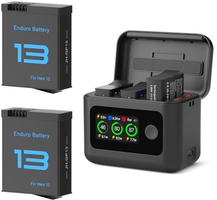 JIMOVA 2 Pack Battery and Charger for GoPro Hero 13, 2100mAh Enduro Hero 13 Battery and Intelligent Two Way Charger Hub Triple Slot PD Fast Charging Case for Go Pro Hero 13 Black Accessories