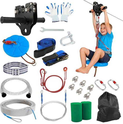 FAHKNS Zipline for Backyard Kids and Adults: 120FT Up to 400 lbs - Upgraded Quick Tightening System,Removable Trolley,Height Adjustable Thickened Seat,Outdoor Kids Play Equipment