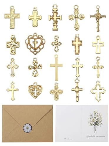 DBCEJF 20 Piezas Colgante Cruz para Bautizo, Primera Comunión y Confirmación, Incluye Sobre y Tarjeta de Lirios Blancos, Detalles para Invitados y Regalos Religiosos de Fe y Protección, Dorada