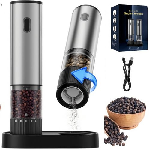 Juego de molinillos eléctricos de sal y pimienta, molinillo de pimienta recargable con fuerza de molienda ajustable, operación de un solo toque, 60 ml, funcionamiento silencioso para cocina y comedor