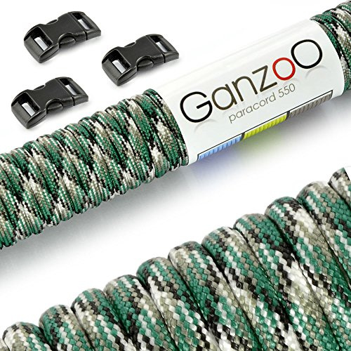Ganzoo Set Paracord 550 Seil mit 3 x Klickverschluss 3/8“ 10mm Gurt, 4mm Schnur, 7 Kernstränge, Nylon - Polyester, Typ 3, 30 Meter, Outdoor-Schnur, Allzweckseil, Armband knüpfen, basteln